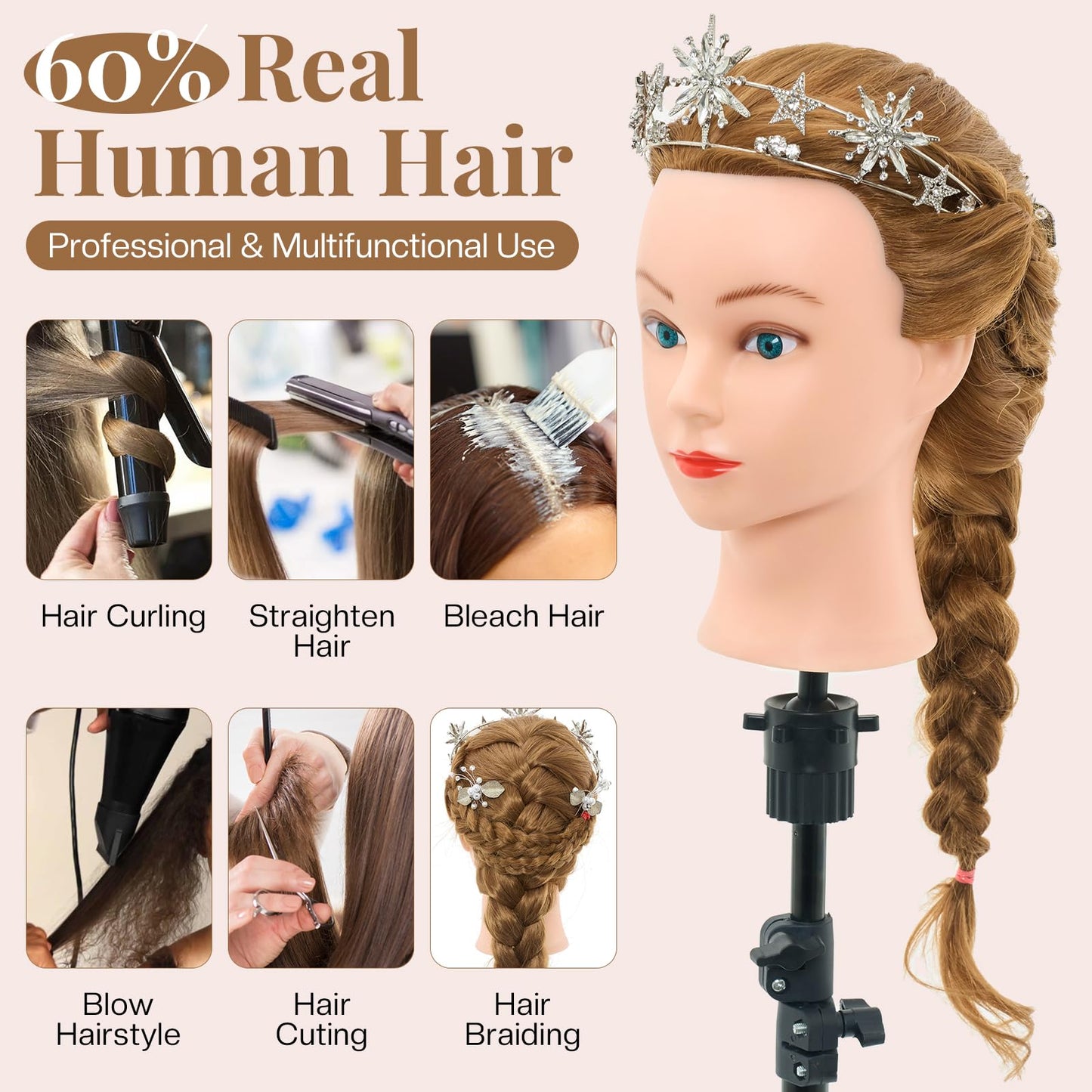 28Inch 80% Real Hair Mannequin Head, Cosmetology Mannequin Head with Hair for Braiding Curling Cuting, Table Clamp Styling Set(Blonde)