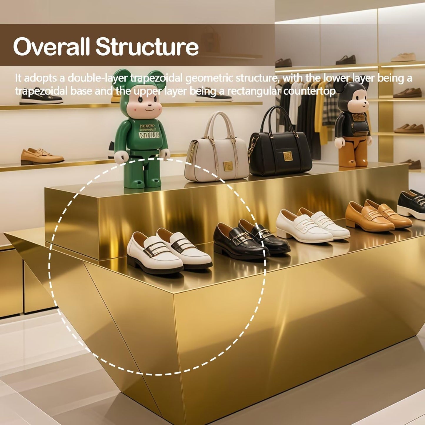 HHEvergreenEnsemble Display Table with Gold Trapezoidal Base,Luxurious Bag Display Stand Includes Double-Layer Storage Design for Retail Stores,Shopping Mall,78.74IN