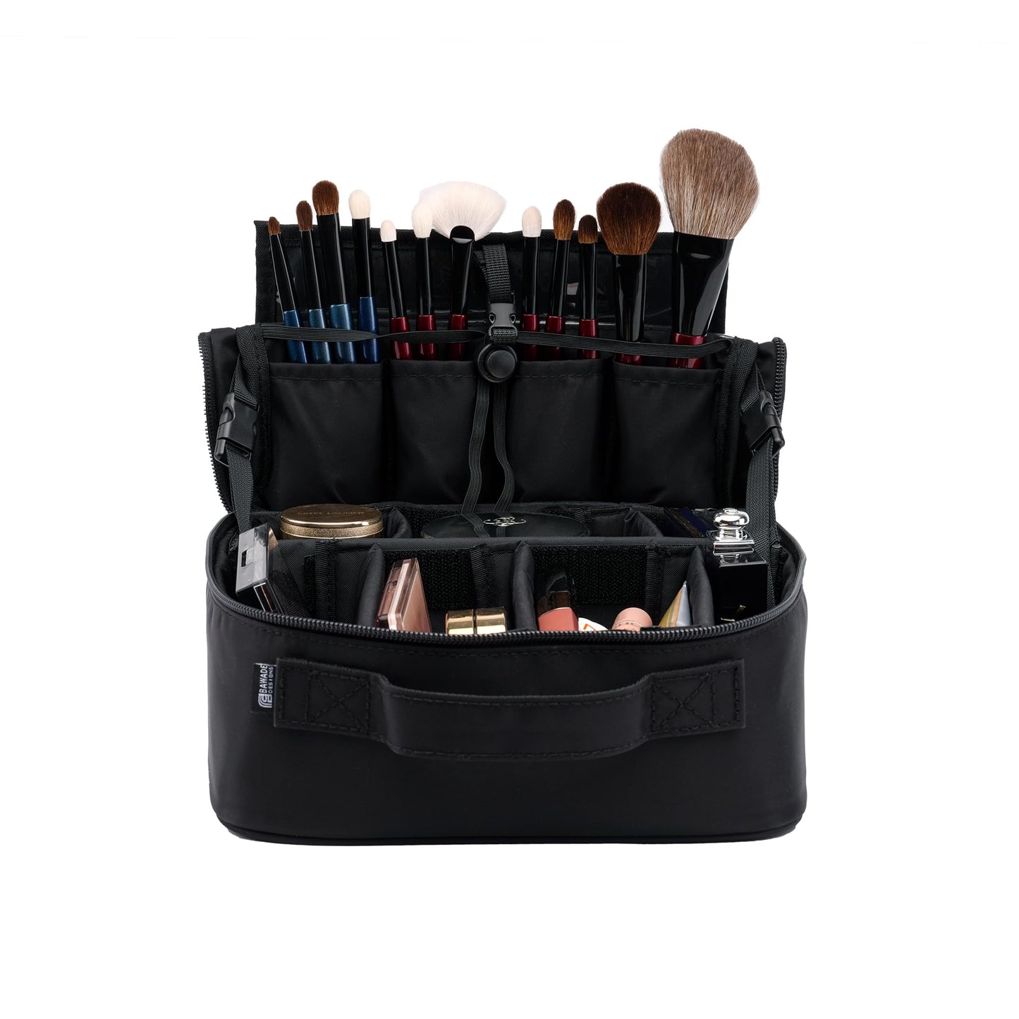 BAWADE Travel Makeup Bag with Brush Compartment, Cosmetic Organizer with Adjustable Dividers, Wide-Open Design, Portable Makeup Case with Handle and Luggage Strap for Women, Black