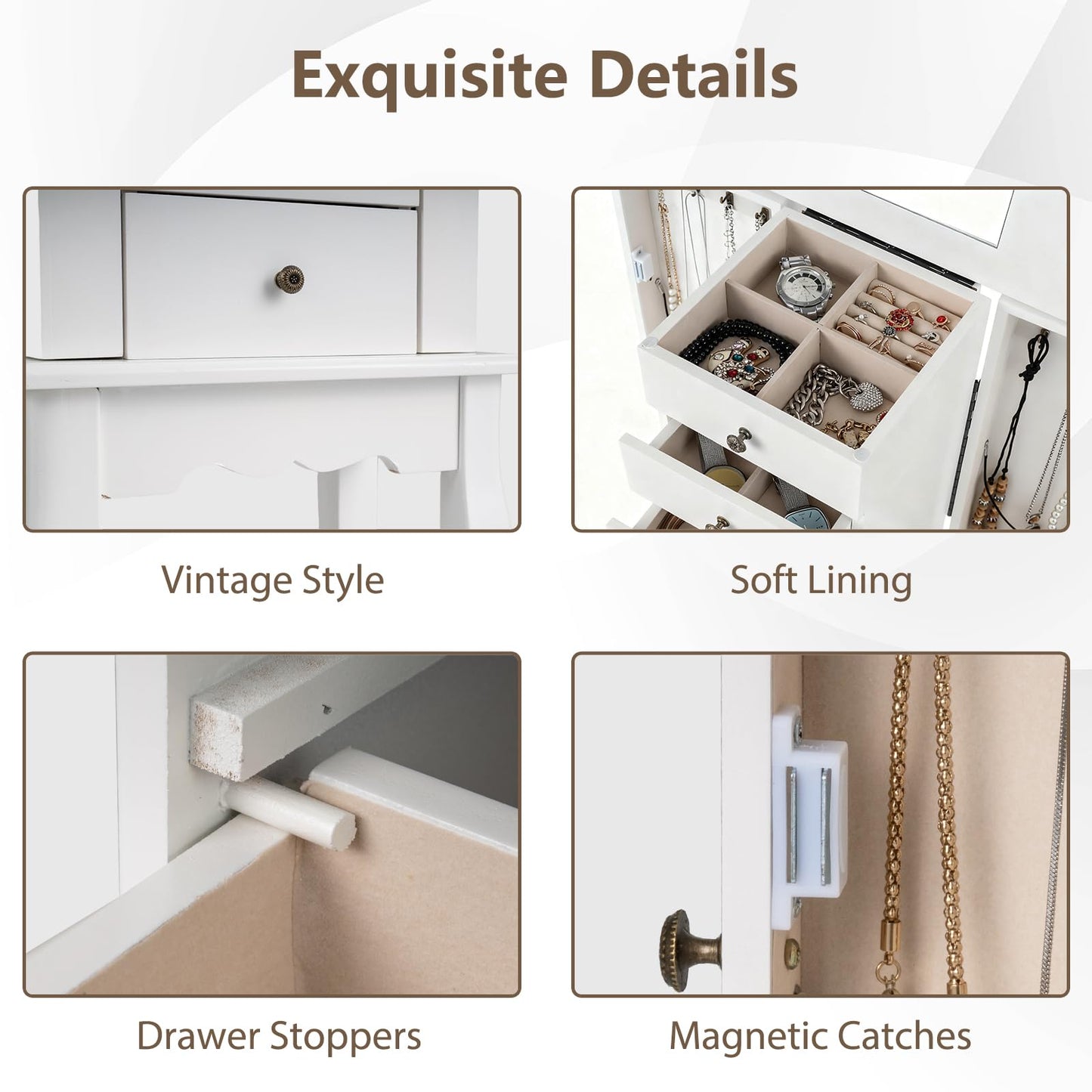 Giantex Standing Jewelry Armoire Cabinet with 4 Drawers, Flip Top Mirror, Top Storage Compartments, 2 Side Doors with 8 Necklace Hooks, Freestanding Jewelry Organizer Box Chest (White)