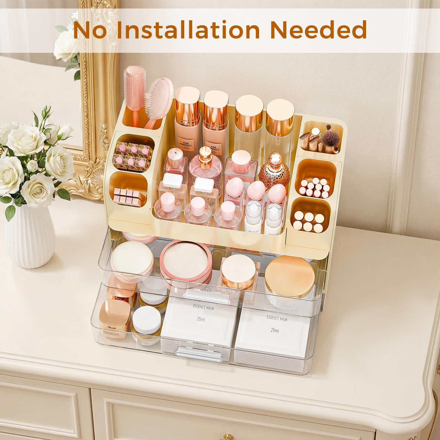 Makeup Organizer for Vanity with Brush Holder, Large Bathroom Countertop Organizer & Skincare Storage | Perfume, Cosmetics Display Case with Drawers (Cream White)