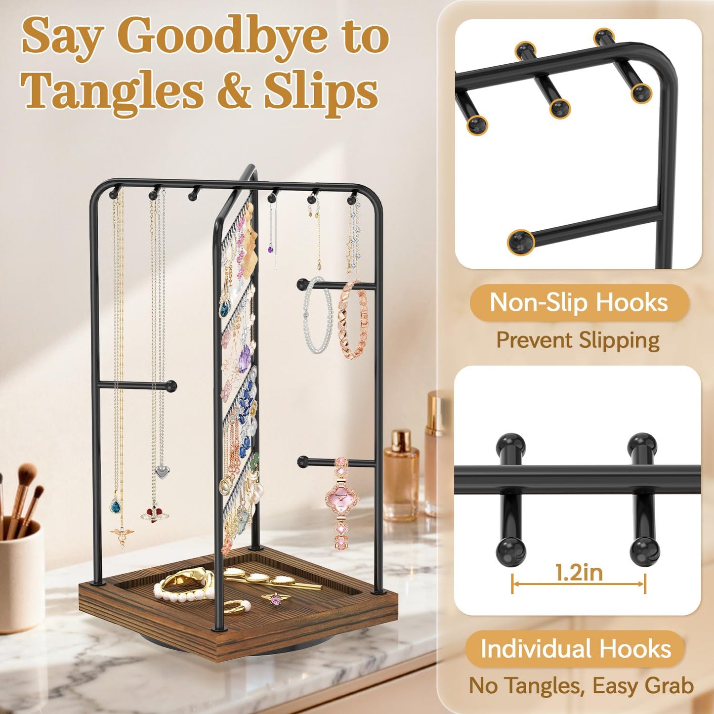 MODOWEY Earring Necklace Holder Organizer Jewelry Stand, Wood Rotating Display Tree for Vendor Selling, Tiered Tower Rack for Pierced Stud Bracelet 90+ Pieces Storage, Easy Access for Women, Black