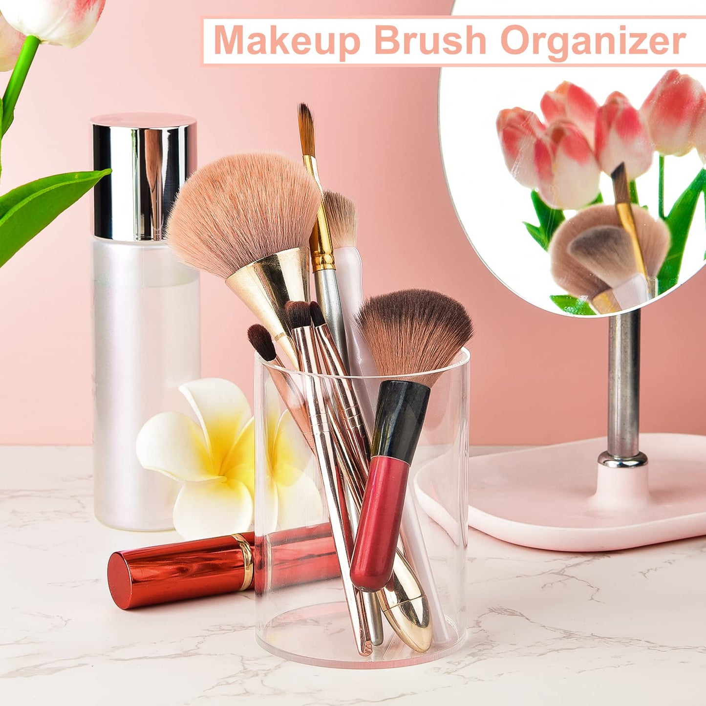 Mototo 2 Pieces Clear Acrylic Pen Holder Round & Pencil Cup Clear Makeup Bush Holder Acrylic Desktop Stationery Organizer for Office, School, Home, Desk Accessories - 2 Pack, Round