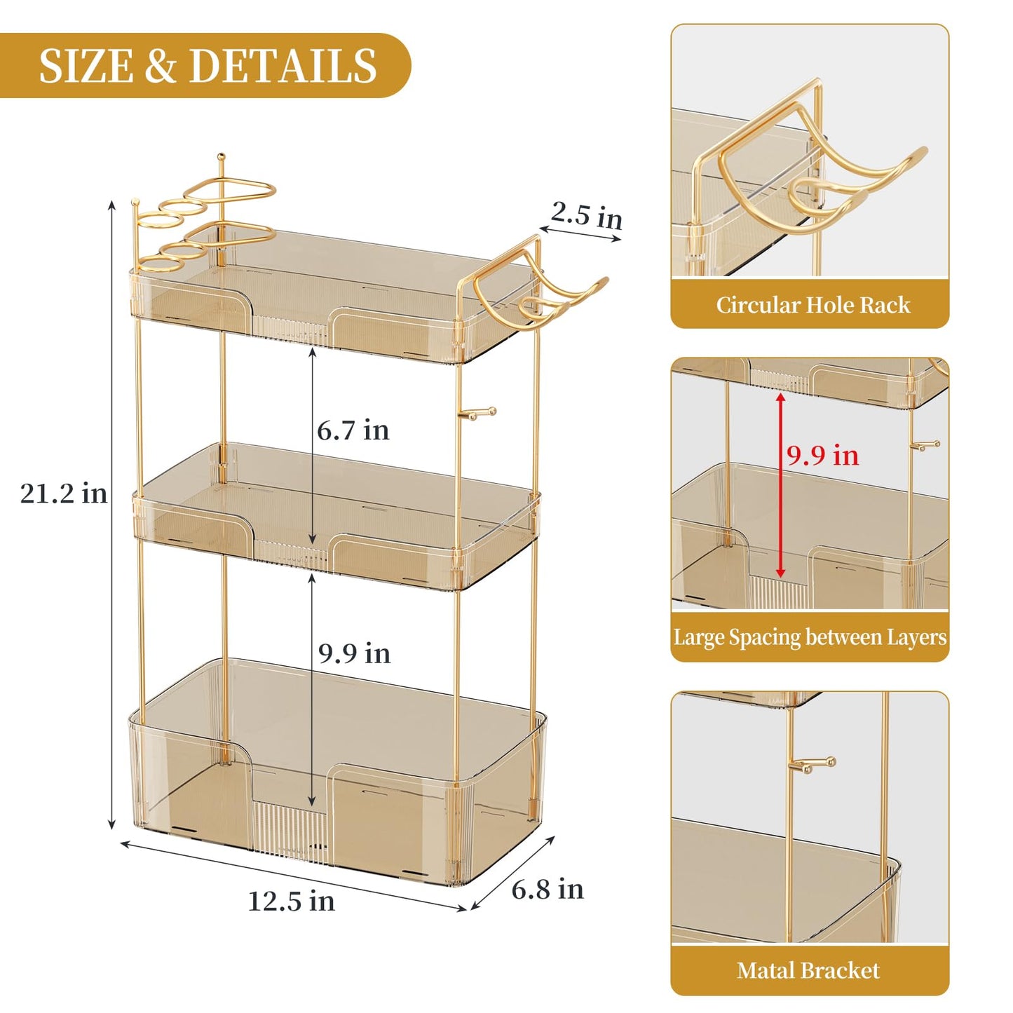 Weidace Bathroom Counter Organizer for Vanity, Makeup Organizer Countertop with Holder, Large Capacity Storage Rack, Perfect Large Skincare, Hair Care, Perfume, Easy to Install (Gold, 3Tiers)