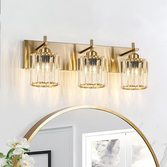 HUOKU Modern Crystal Bathroom Vanity Lights, Gold 3-Lights Bathroom Light Fixtures Over Mirror, Crystal Wall Lighting with Polished Brass Finish