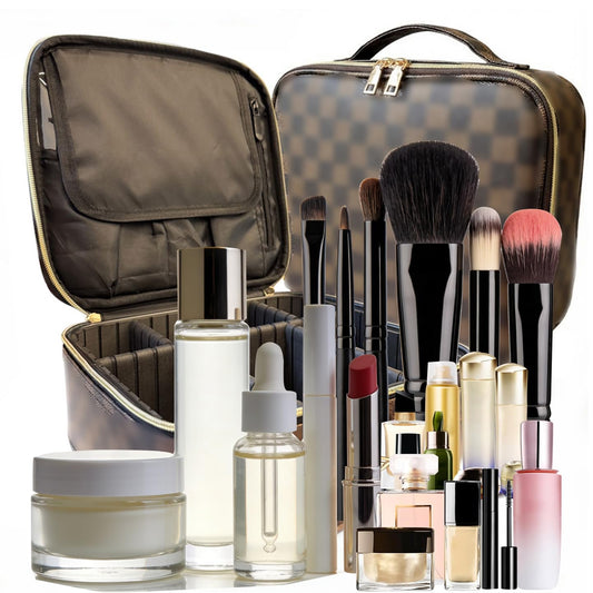 WANNES Brown Checkered Makeup Bag Organizer Travel Cosmetic Case with Brush Storage | Large Capacity Makeup & Skin Care Organizer with Adjustable Dividers | Stylish PU Leather Designer Vanity Bag