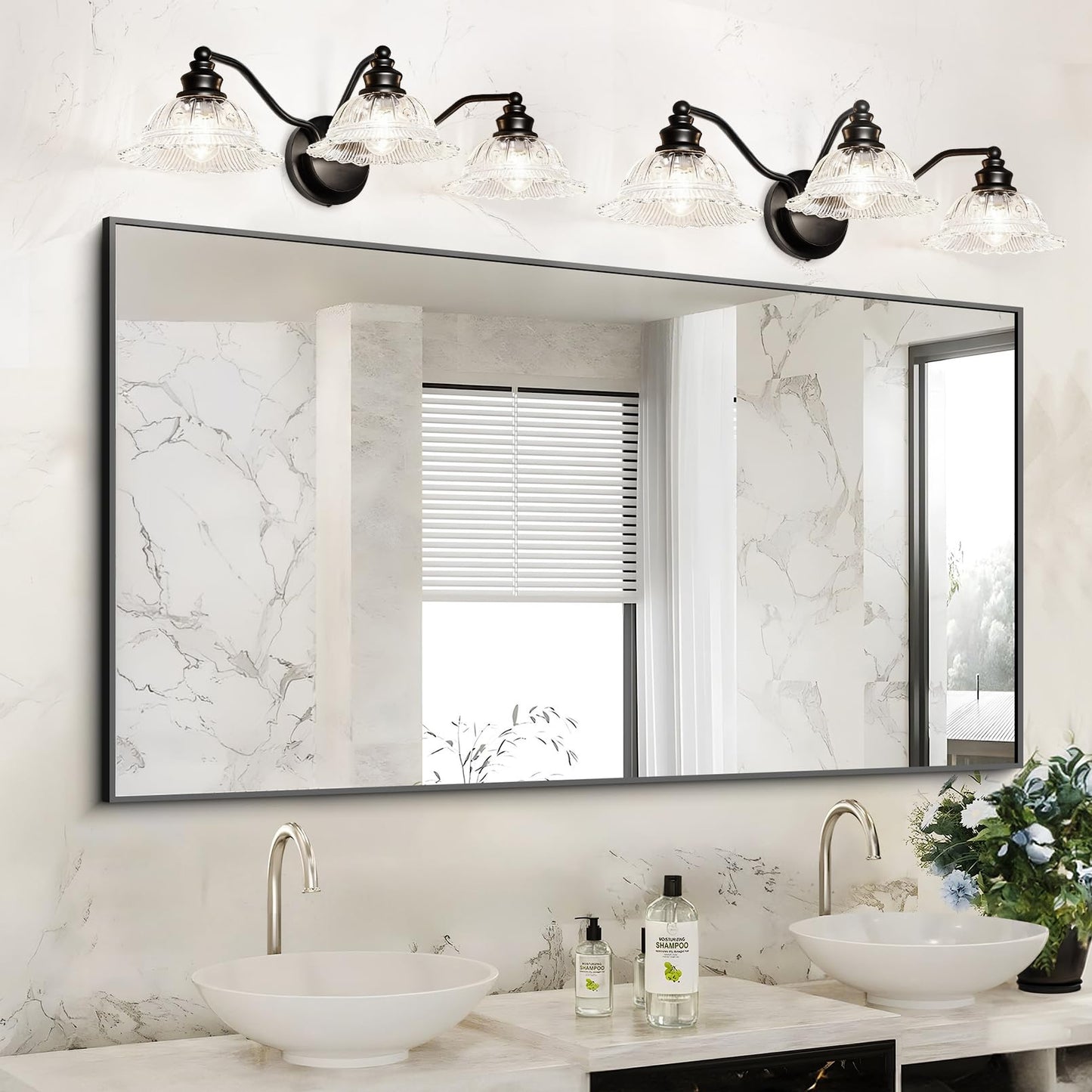 Redluck Vintage Bathroom Vanity Light Fixture, 3-Light Bathroom Lighting Fixtures Over Mirror, Matte Black Finish with Crystal Glass Shade, Wall Sconces Lighting for Bedroom, Living Room, Hallway