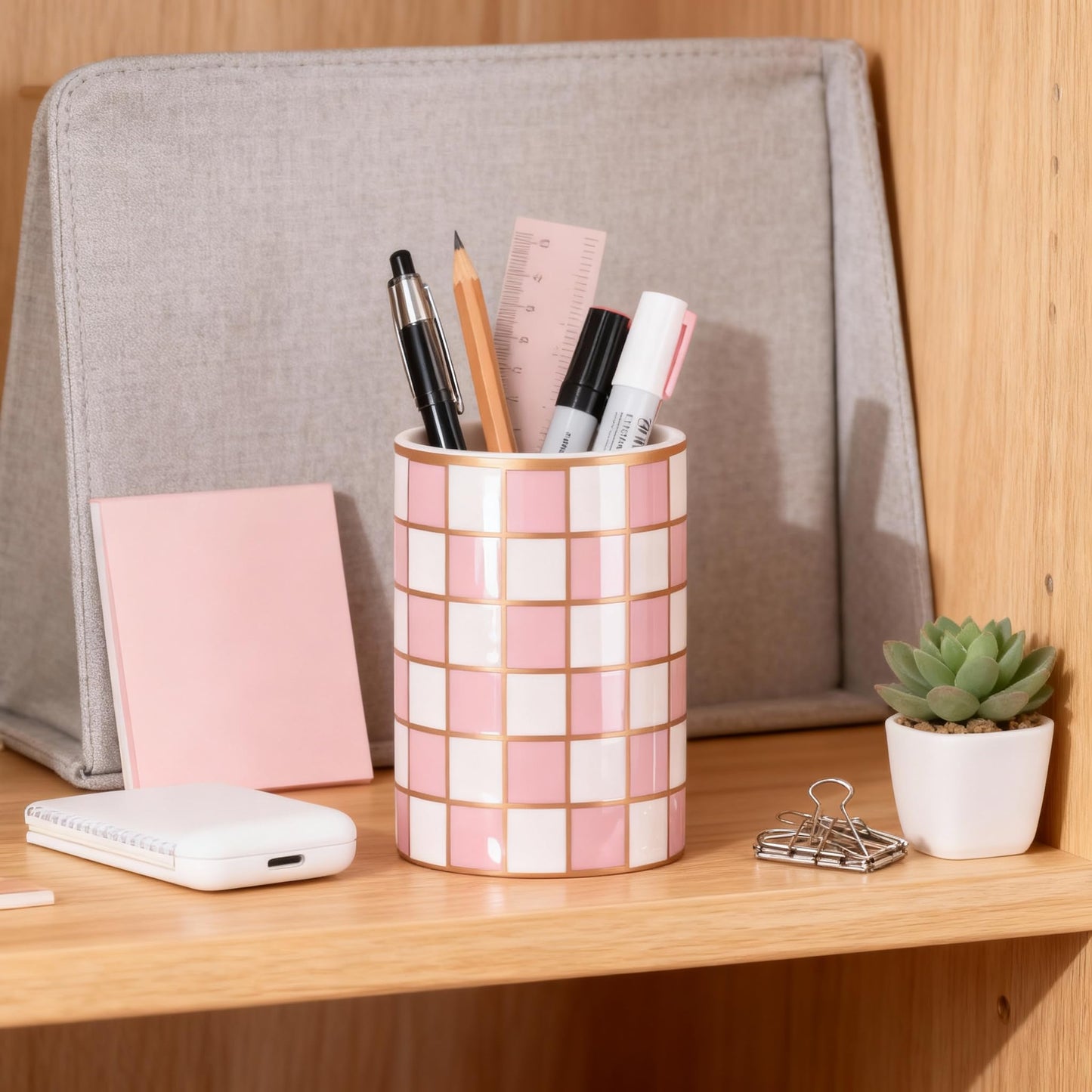 XYQXYQ Ceramic Checkered Pen Holder For Desk,Cute Stand Black And White Pencil Cup,Durable Ceramic Pencil Cup, Decorative Makeup Brush Holder Cup, Stationery Holder for Office, School, Home (Pink)