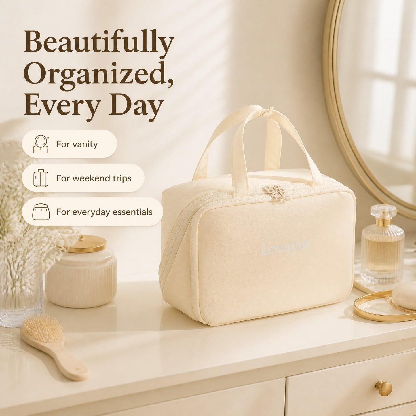 Lovqiao Large Beige Makeup Bag, Waterproof Travel Organizer for Women & Girls