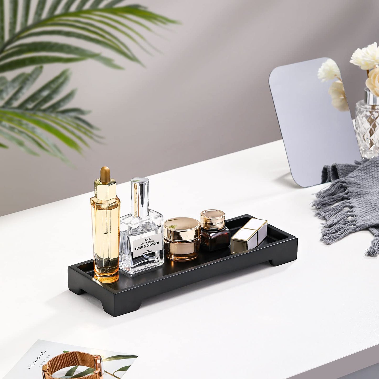 Luxspire Bathroom Vanity Tray, Resin Black Bathroom Tray Toilet Tank Tray, 11.2x4.1 inch Kitchen Sink Trays, Countertop Organizer for Candles Soap Towel Perfume Holder Jewelry Dish, Small, Matte Black