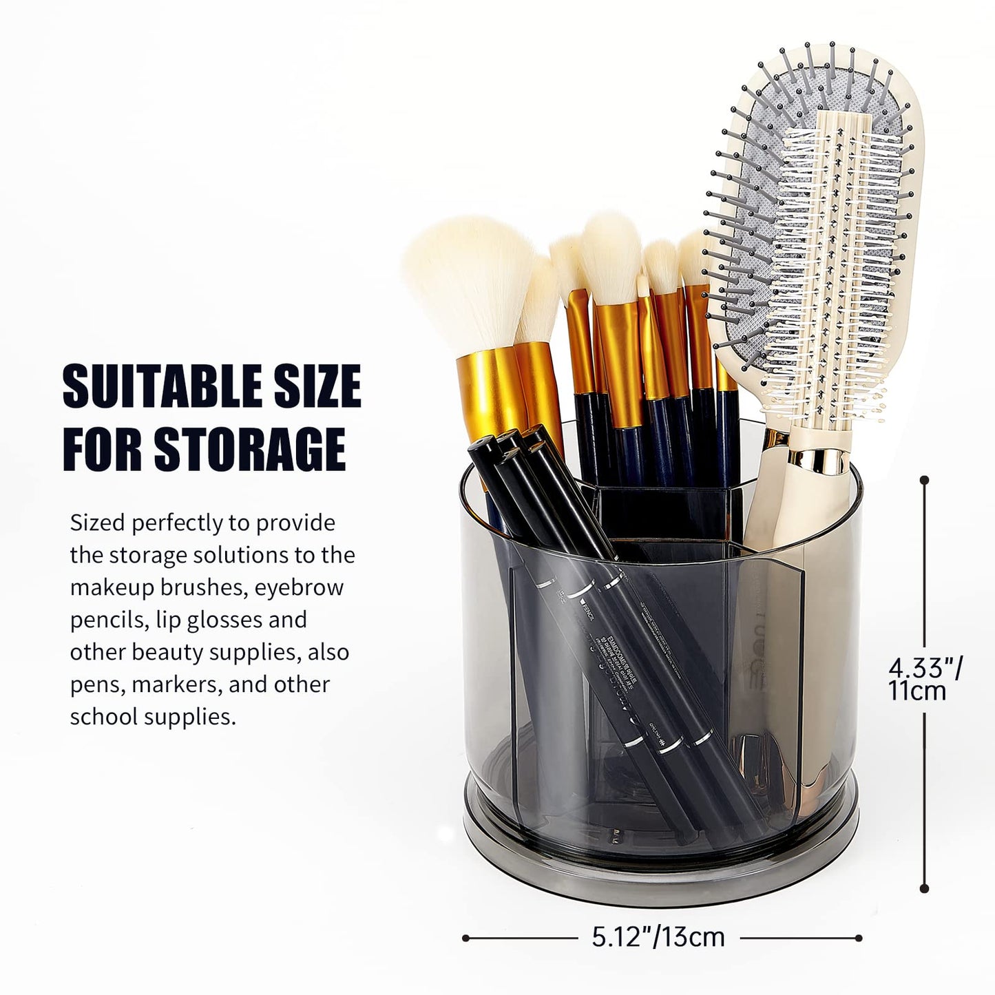 Makeup Brush Holder Organizer -Rotating 360° Clear Storage Cup Containers for Vanity, Desk, Countertop, Spinning Pen Holder for Desk, Round Make up Brush Stand with 5 Slots, for Cosmestics (Grey)