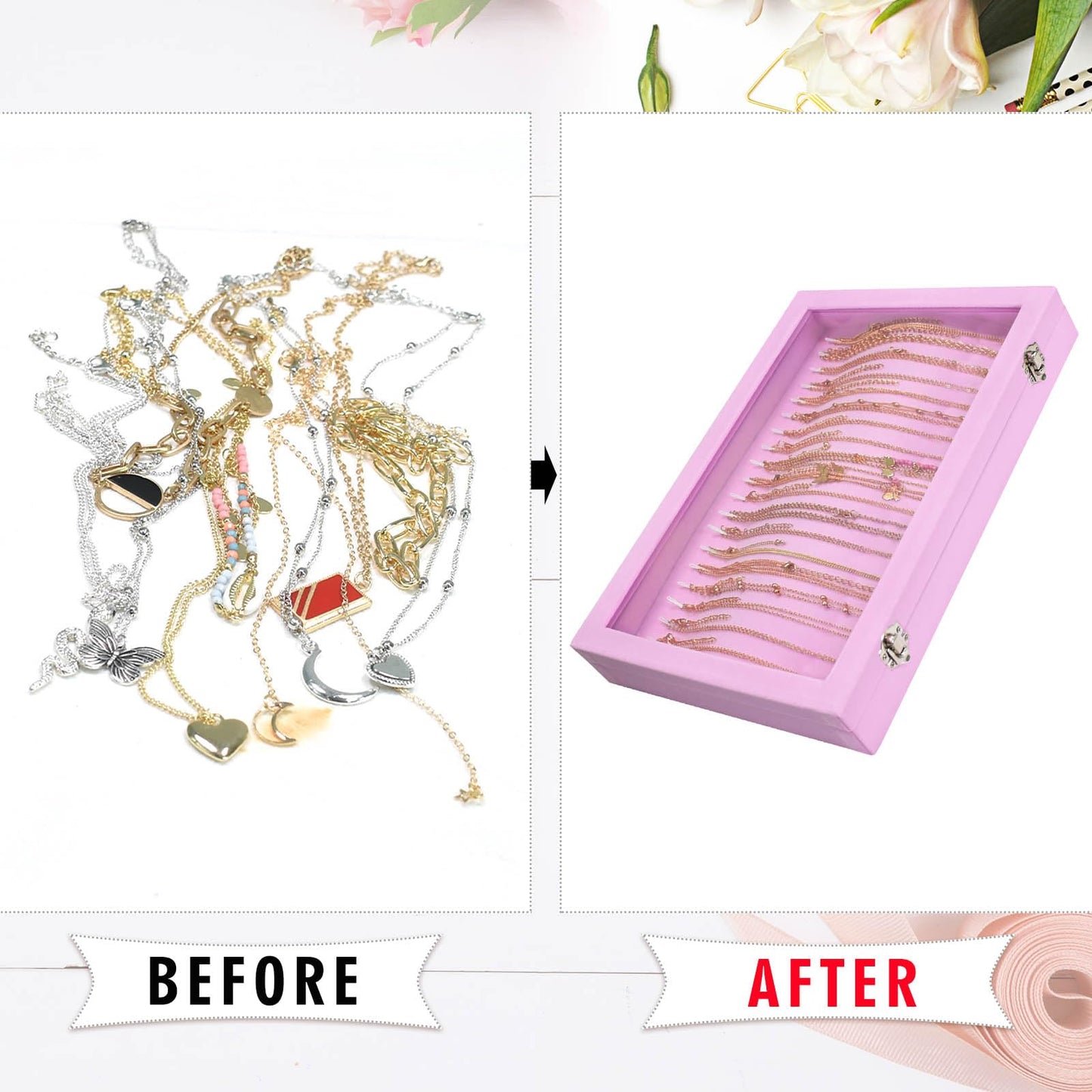Siveit Necklace Organizer Box Premium 20 Hooks Velvet Necklace Display Jewelry Tray with Transparent Lid Jewelry Necklace Display Box for Necklace Pendants Suitable for Women and Girls (Pink)