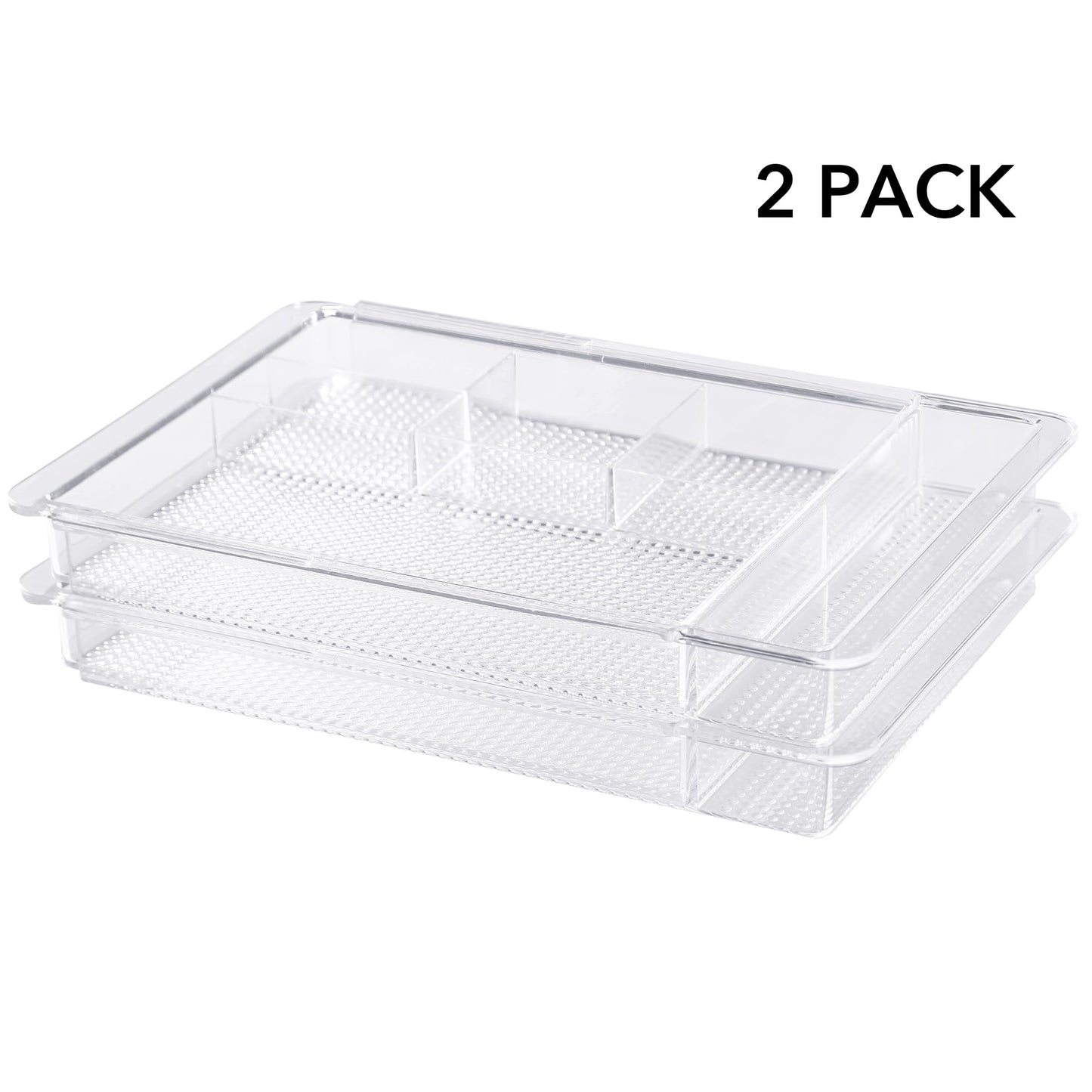 Oubonun Expandable Drawer Organizer 11.1” to 19.2” Width, Shallow Cosmetic Organizer 1.3” Height, 2 Packs, Clear Plastic Storage Trays for Dressing Table,Bathroom