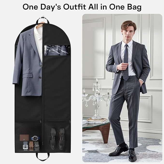 2 Pack Heavy Duty Garment Bags for Travel Suit Bags, Dress Bags, Garment Bags for Hanging Clothes with Pockets Men's Suit Holder for Cospaly, Shirts, Coats, Dresses (Black, 2Pack 54")