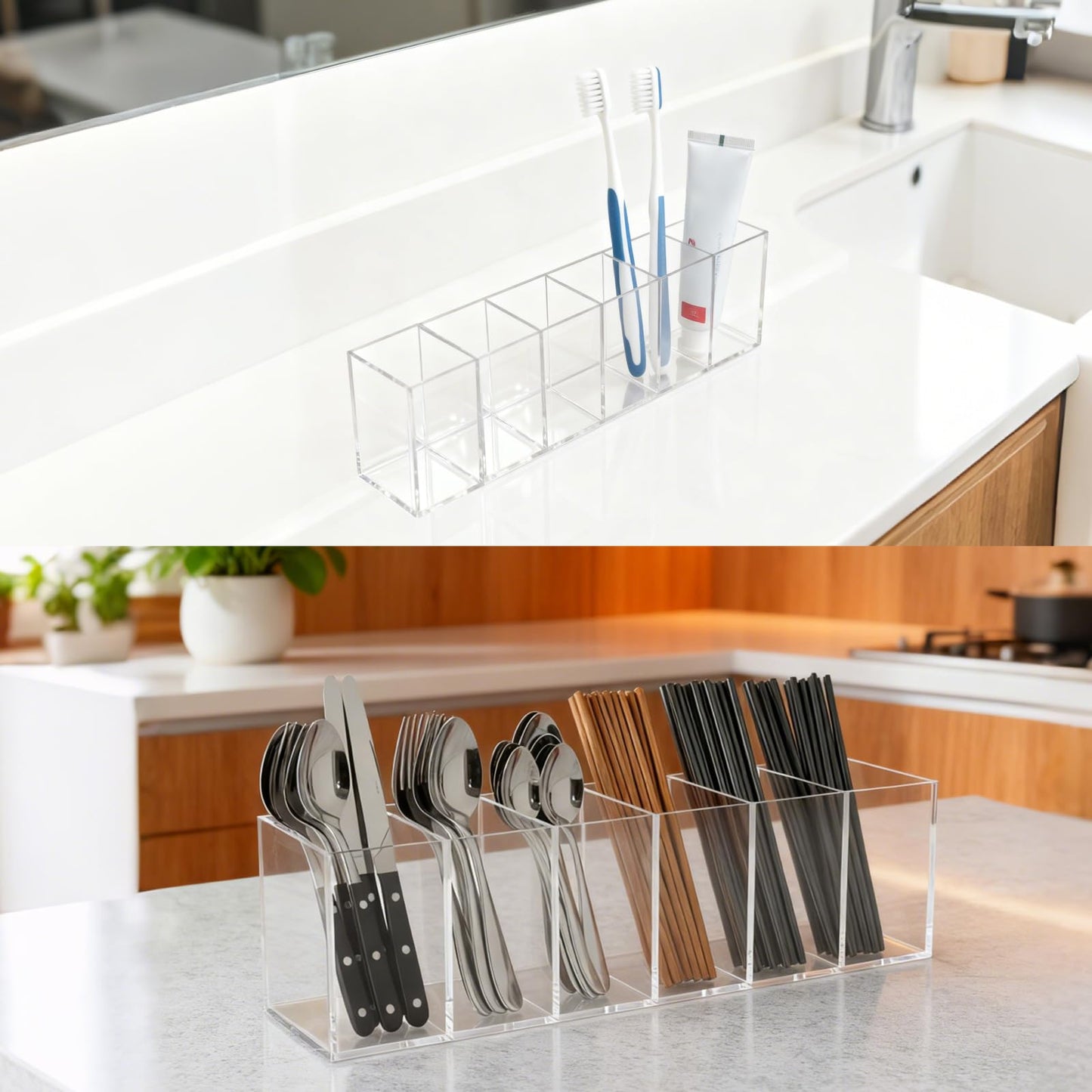 PEDOBALI 5 Pcs Clear Pencil Holder 6 Compartments Acrylic Cosmetic Brush Storage Box Pencil Cup Stationery Holder Makeup Brush Organizer for Bathroom Kitchen Dorm Office Desk Accessories