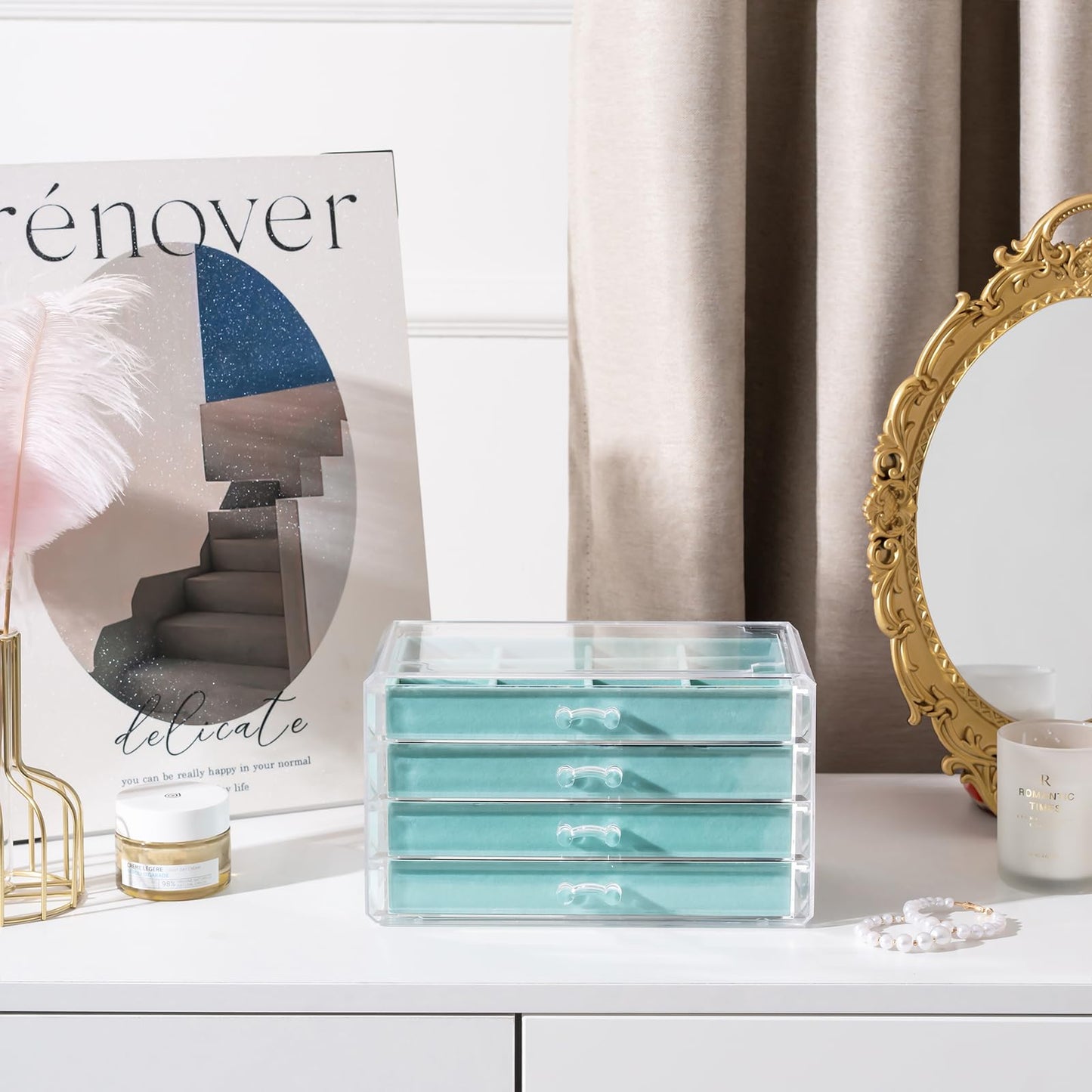 Lolalet Earring Holder Organizer Box Jewelry Storage with 4 Drawers, Clear Acrylic Stackable Earring Case with Adjustable Velvet Trays for Women on Dresser Vanity -Aqua, 4 Layers