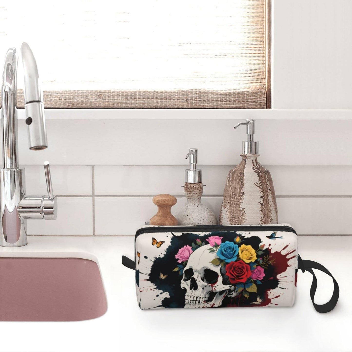 OLUSENMO Bold Skull & Roses Makeup Bag Small Compact & Durable Travel Cosmetic Bag Organizer Oxford Fabric Impact-Resistant Multi-Purpose Storage Perfect for Travel, Gym, Daily Use