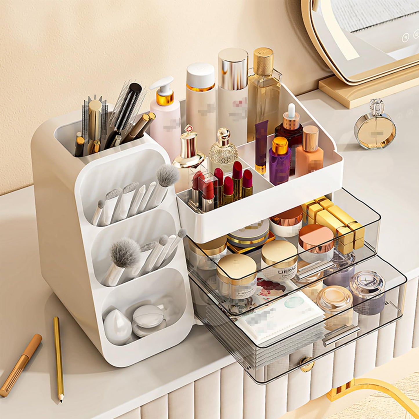 HEVOY Makeup Organizer with Drawer, Skincare Products Perfume Desk Storage Box, Beauty Holder Rack for Lipstick Brush Eyeliner, Cosmetic Display Case for Dresser Countertop & Bathroom Vanity (Pink)