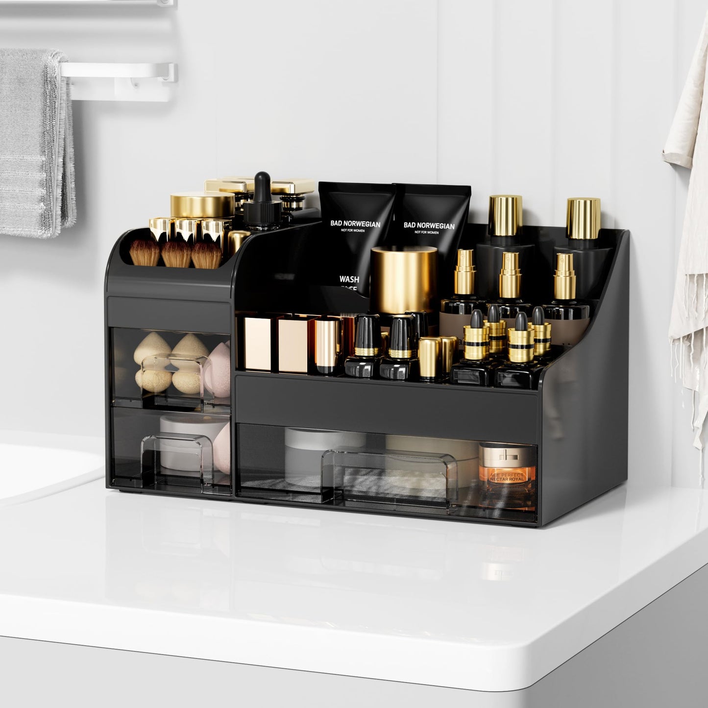 Mriluvy Large Makeup Organizer for Vanity,Countertop Organizer with Drawers and Brush Holder,Men’s Cologne Organizer for Bathroom,Cosmetic Skin Storage for Lipsticks,Nail Polish & Shaving Lotion,Black