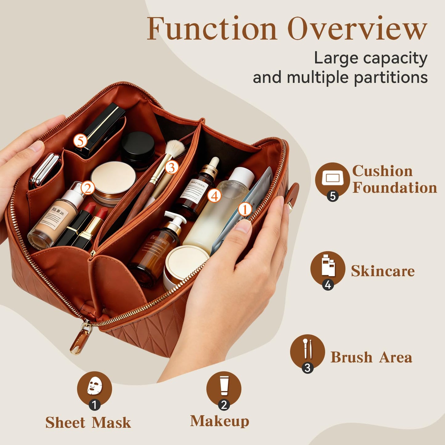 IDELCHOIS Travel Makeup Bag Large Capacity Cosmetic Bags for Women, Waterproof Toiletry Bag Open Flat Makeup Bag with Compartments and Handle, Portable Cosmetic Organizer Pouch, Wheat-Brown