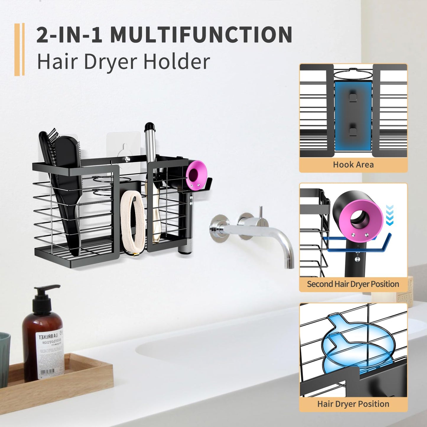 FUNKYLEE Hair Tool Organizer Hair Dryer Holder, 3 in 1 Metal Bathroom Blow Dryer Organizer Wall Mount for Flat Iron, Curling Iron, Straightener, Styling Tools Storage and Organizer (Black)-2pcs