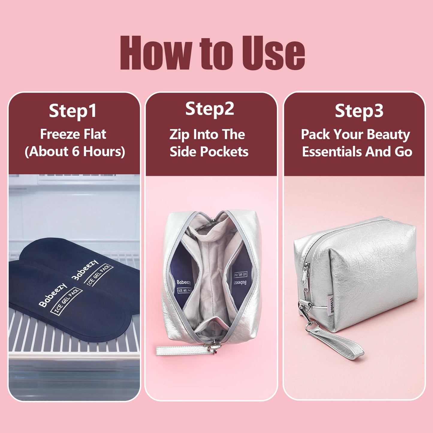Babeezy Insulated Makeup Bag with 2 Reusable Ice Packs Heat-Resistant Cosmetic Travel Pouch, Silver Vegan Leather Organizer with Water-Resistant Double Zipper & Wrist Strap(Small: 7.5 x 4.0 x 5.0 in)