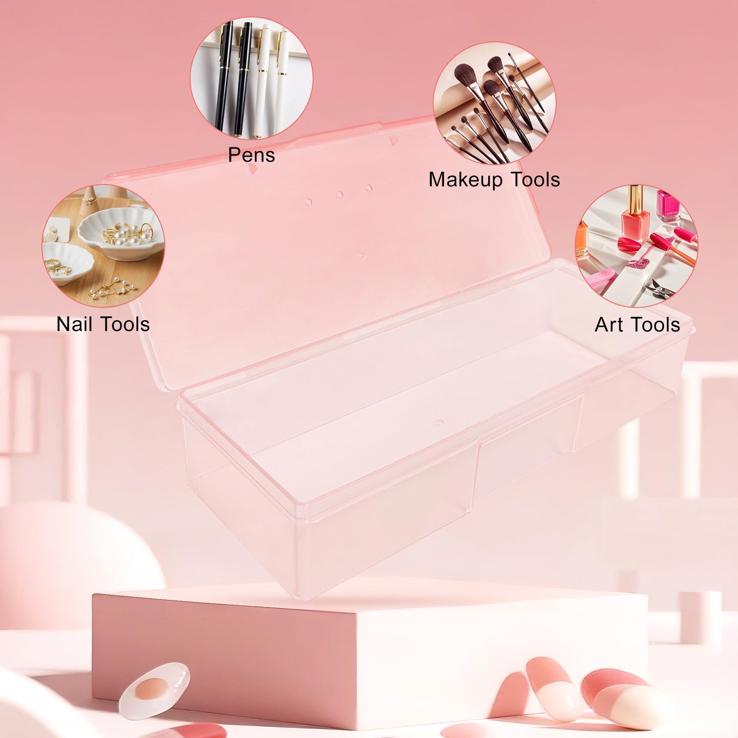 Plastic Implements Nail Tech Box, Hozziii Pink Manicure Tool Box Nail Supply Storage Organizer Personal Box for Manicure Pedicure Kit (6pcs in pink)