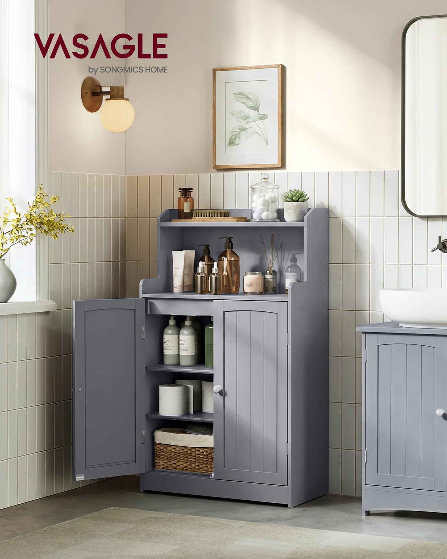 VASAGLE Bathroom Storage Cabinet, Bathroom Floor Cabinet with 2 Doors, 2 Adjustable Shelves, 11.8 x 23.6 x 39.4 Inches, Freestanding, for Dining Room, Kitchen, Living Room, Dove Gray BBC770GD01S