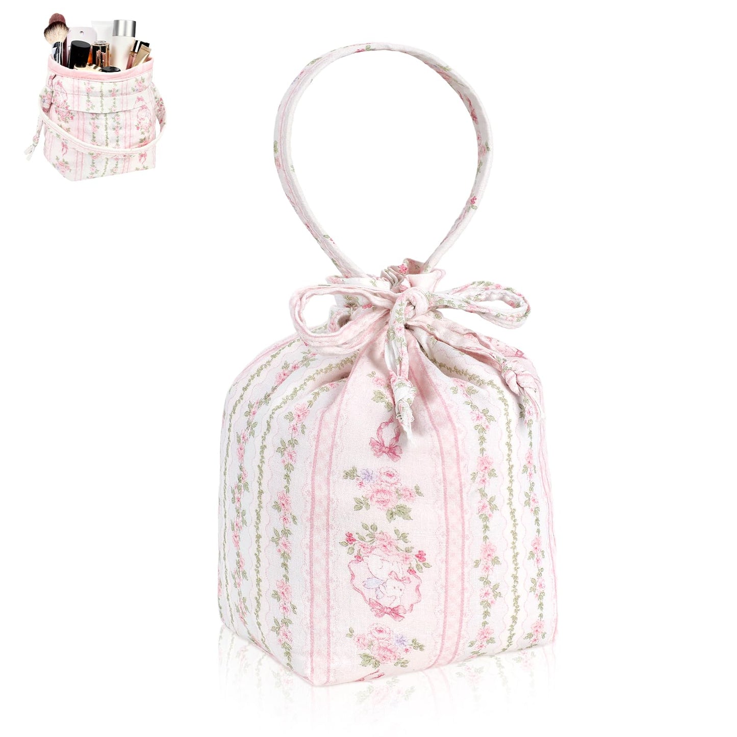 Playexen Drawstring Makeup Bag, Coquette Small Cosmetic Bag for Purse, Portable Cute Travel Makeup Pouch for Women Daily Use/Birthday/Party/Christmas (Pink Bunny)