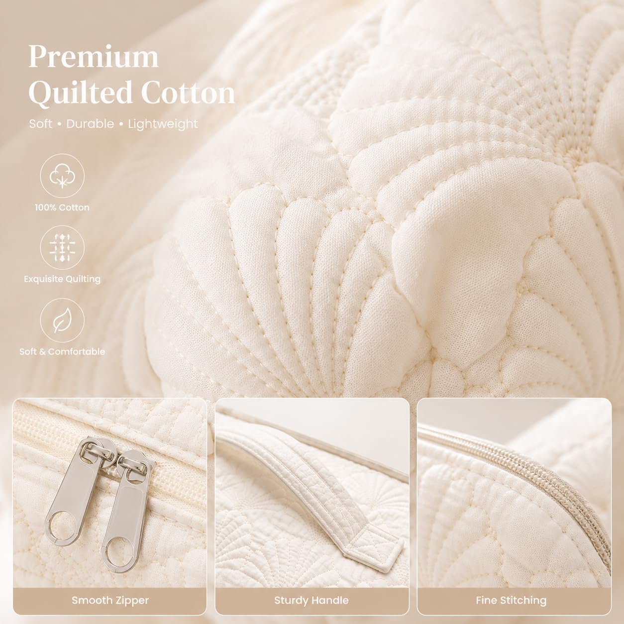 A Lots MiLi 3 Pcs White Shell Quilted Makeup Bag Set - Coquette Cotton Cosmetic Bags for Women, Coastal Makeup Pouch, Large Travel Toiletry Bag for Makeup, Skincare and Purse Essentials