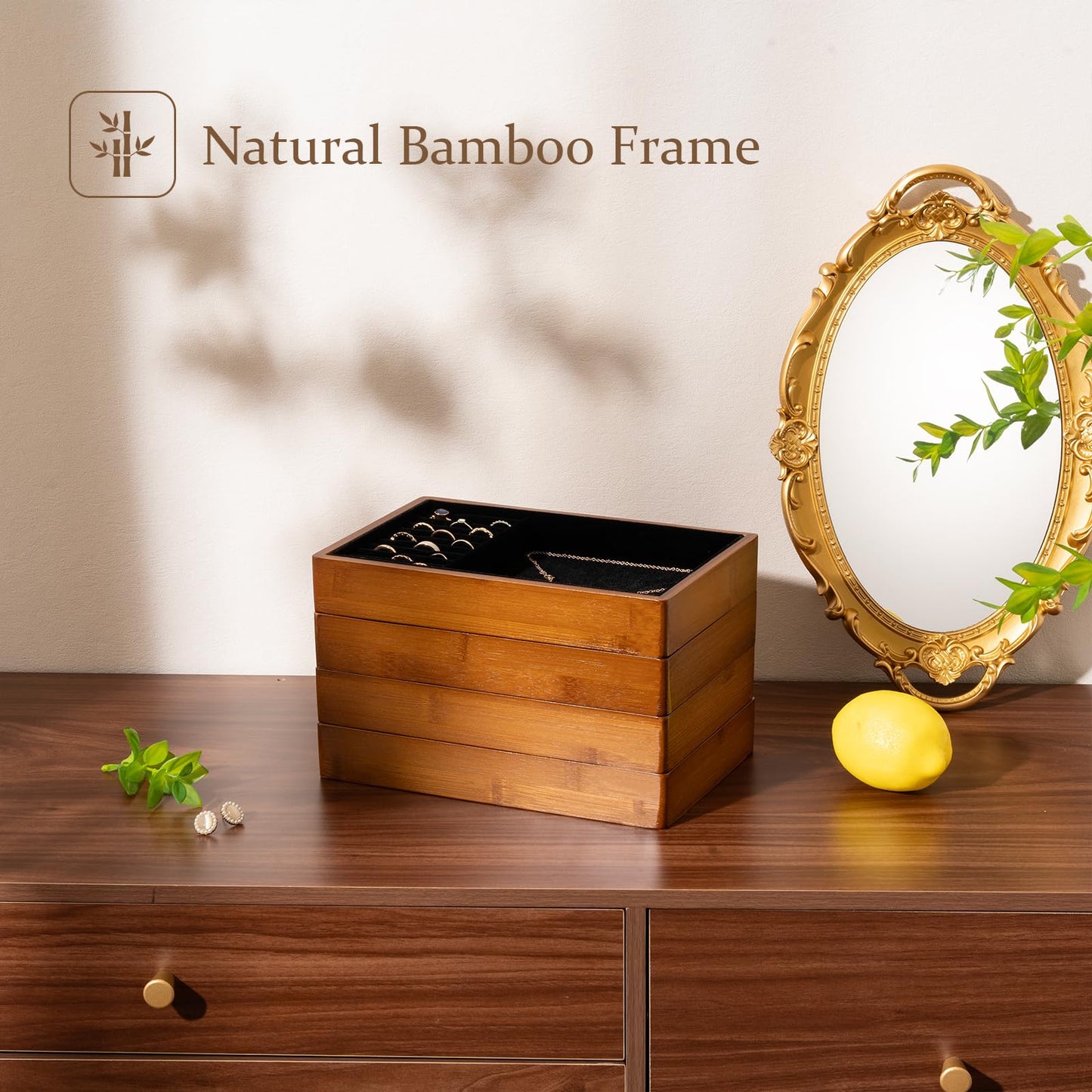 ProCase 4-Set Bamboo Stackable Jewelry Organizer Tray, Jewelry Drawer Inserts Container Display Case Storage for Earring Necklace Rings Bracelet with Removable Dividers -Black