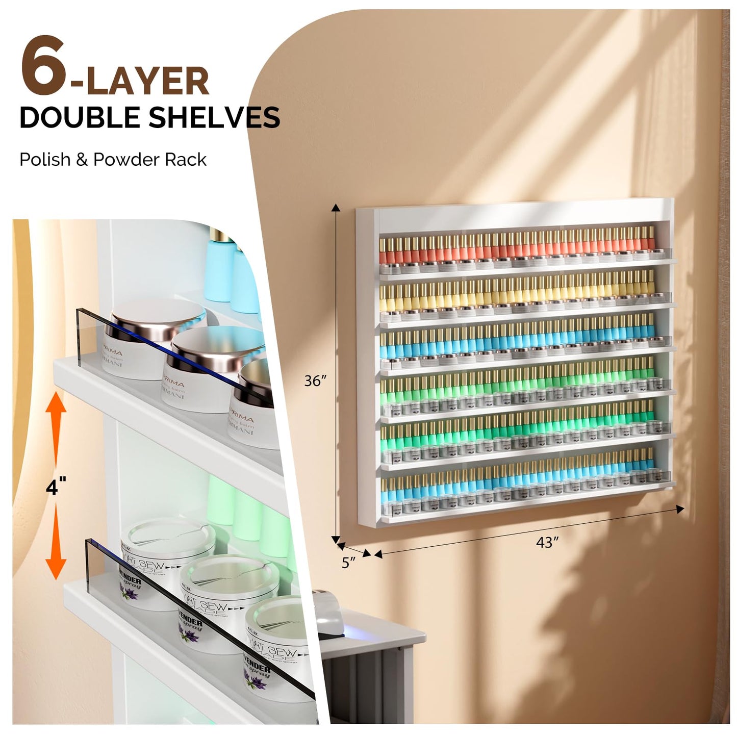 OmySalon Powder & Polish Rack - 6-Tier Double Nail Polish Organizer Wall-Mounted Salon Display Rack with Acrylic Barrier for Nail Salon Spa Home Beauty Studios (White)