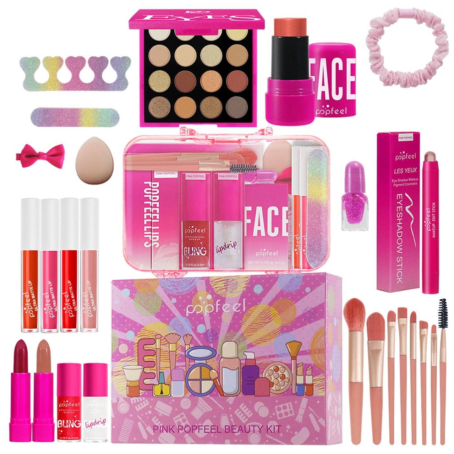 Hot Pink All in One Makeup Kit for Women Full Kit, Mother's Day Makeup Gifts Set for Women Girls, Hot Pink Makeup Essential Bundle Include Eyeshadow Palette Lipstick Blush Foundation Concealer