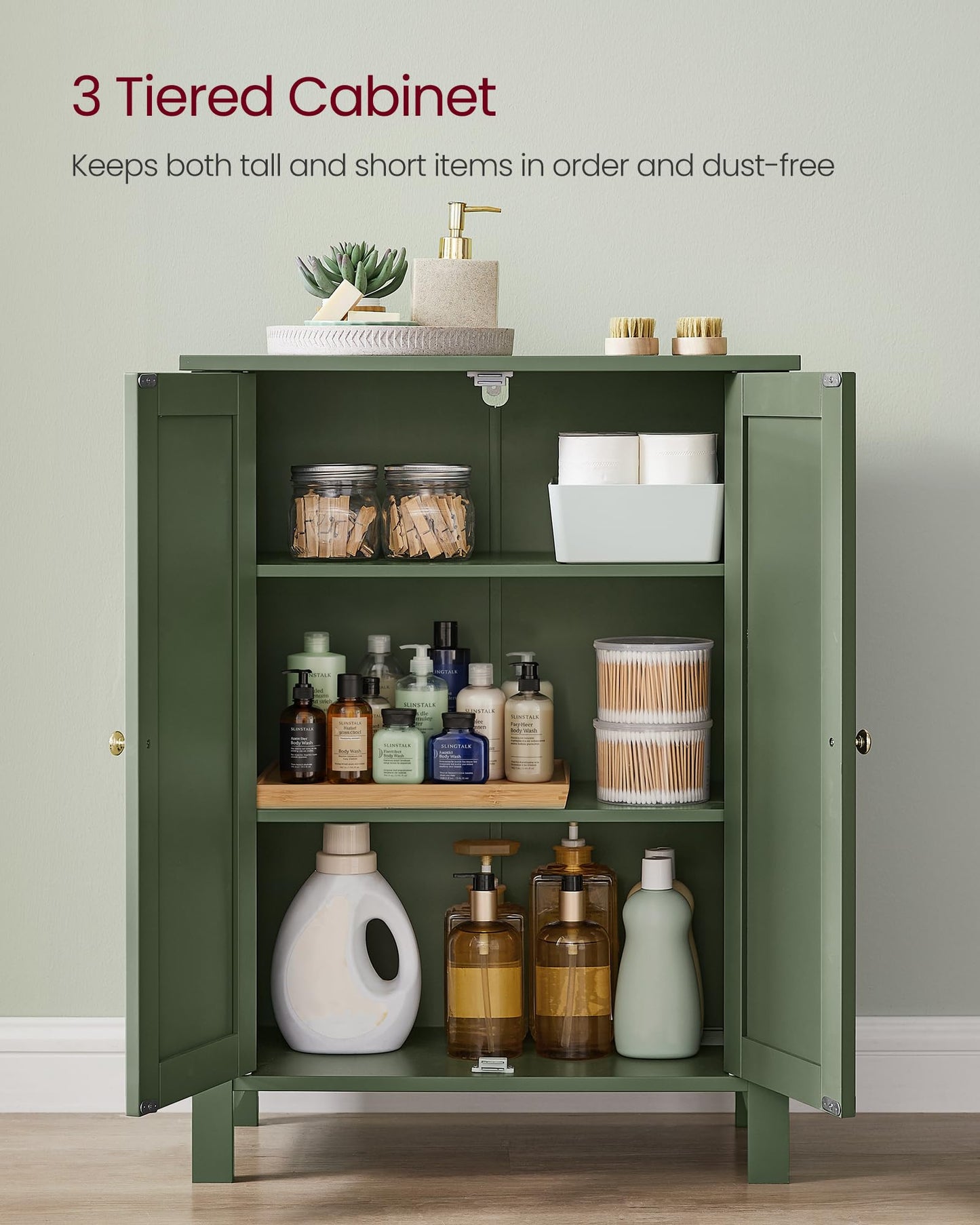 VASAGLE Bathroom Floor Storage Cabinet, Bathroom Storage Unit with 2 Adjustable Shelves, Bathroom Cabinet Freestanding, 30 x 60 x 80 cm, Forest Green UBCB060C01V1