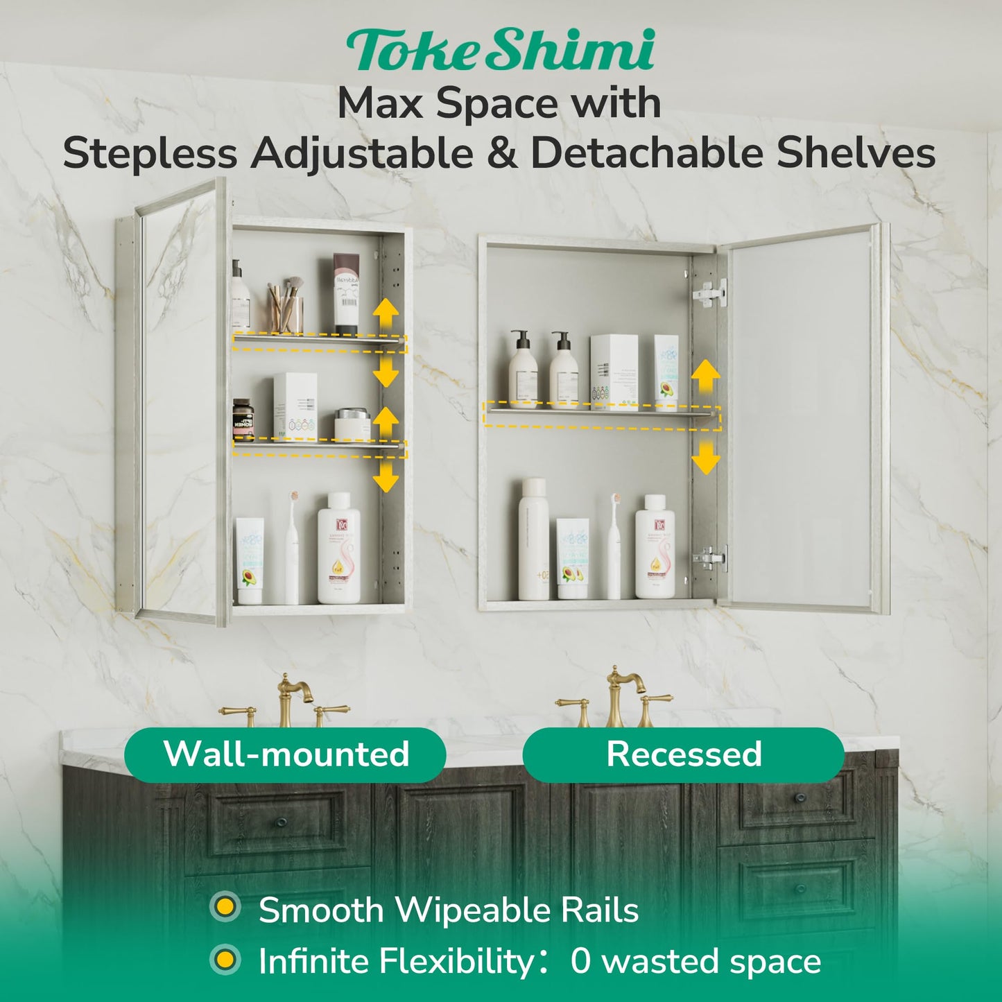 TokeShimi 14 x 24 Brushed Nickel Recessed Medicine Cabinet with Mirror, Assembly Required, Bathroom Medicine Cabinet with Mirror, Stepless Adjustable Shelves, Beveled Aluminum Frame, DTC Hinge