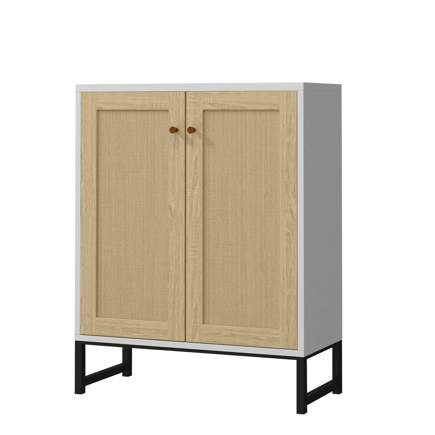 Panana Rattan Decorated 2 Doors Storage Cabinet Accent Cabinet Living Room Cupboard Kitchen Sideboard Buffet Table (White)