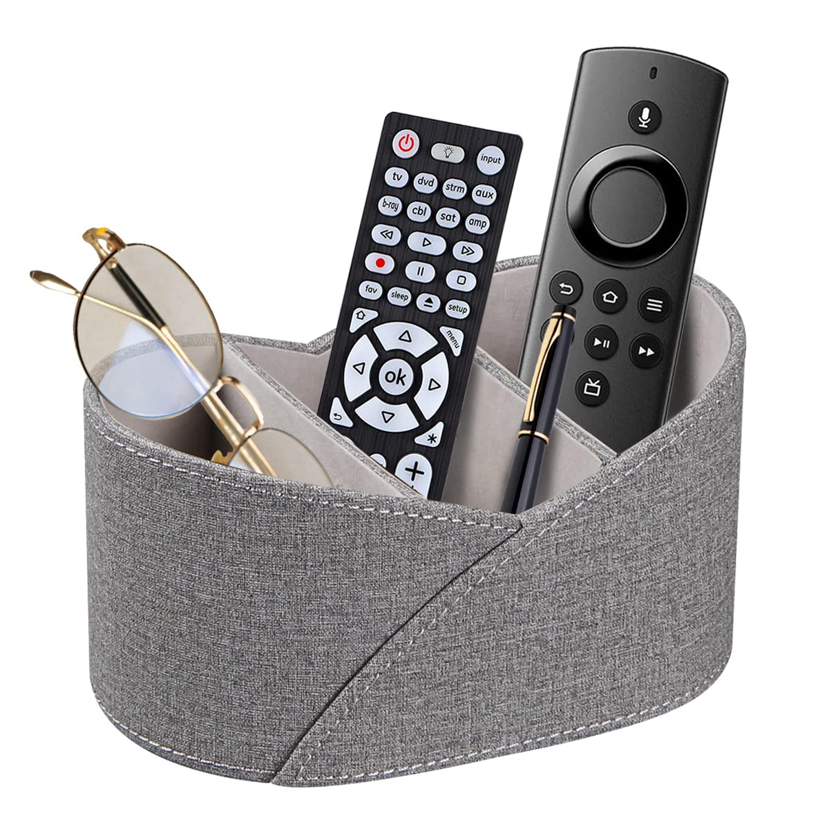 PU Leather Remote Control Holder with 3 Compartments, Modern Design Desk Accessories Workspace Organizer for Office/School/Home, Modern Nightstand Caddy Organizer for Makeup/Vanity/Stationery,Grey