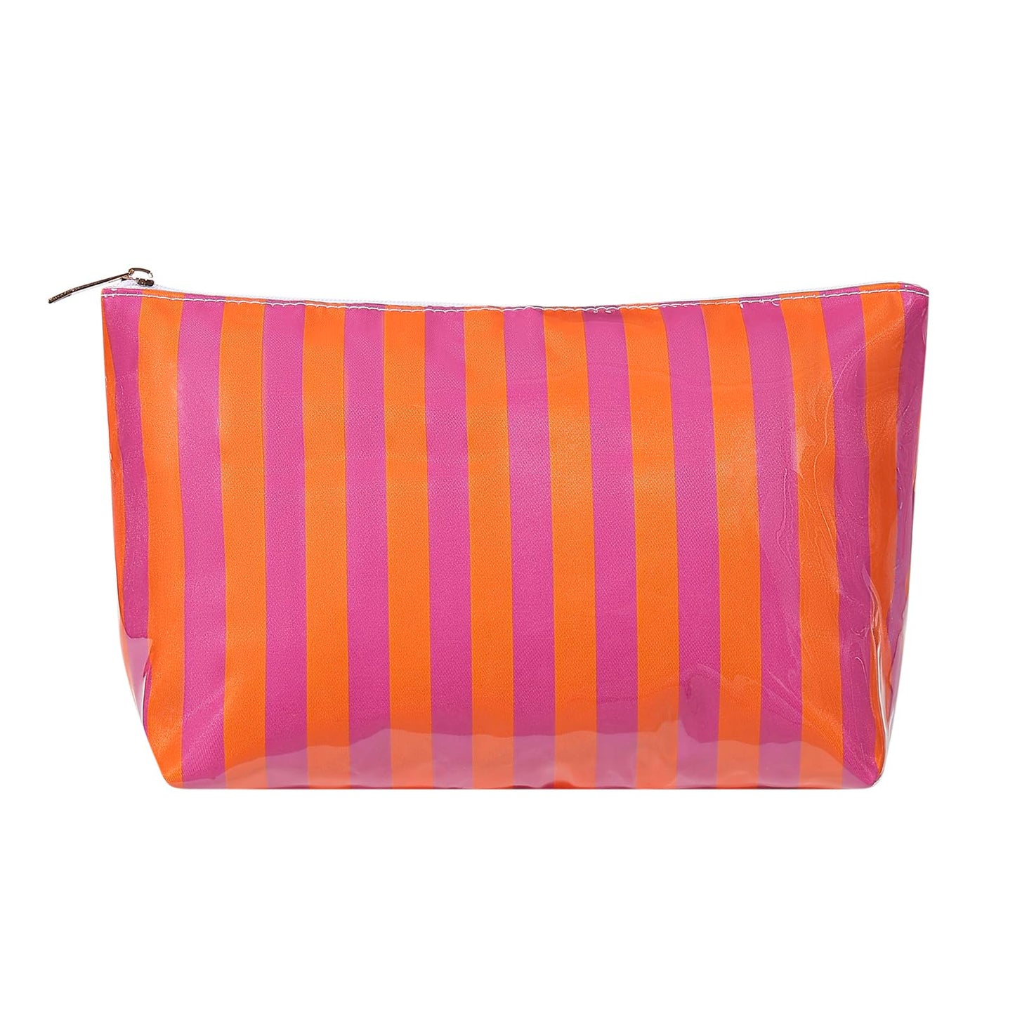 Lestikave Large PVC Waterproof Striped Makeup Bag,Clear Coated Cosmetic Bags,Easy to Clean,Travel Organizer Zipper Pouch Beach Vacation Essentials for Women Girls(11Orange Purple)