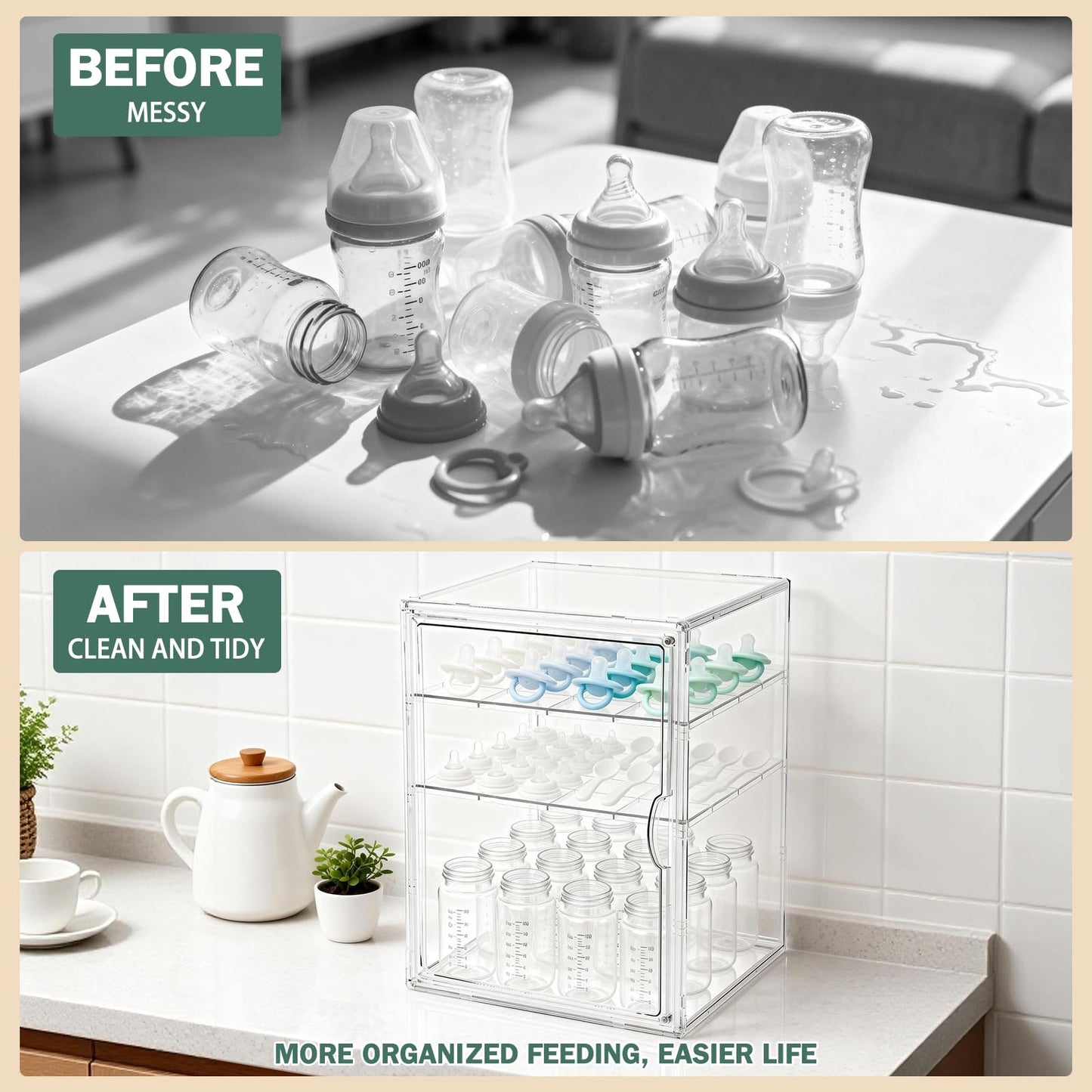 Baby Bottle Organizer, 3 Tiers Acrylic Bottle Storage Organizer Container, Clear Plastic Bottle Station Organizer with 2 Adjustable Dividers for Kitchen Countertop, Bathroom, Cabinet, Vanity