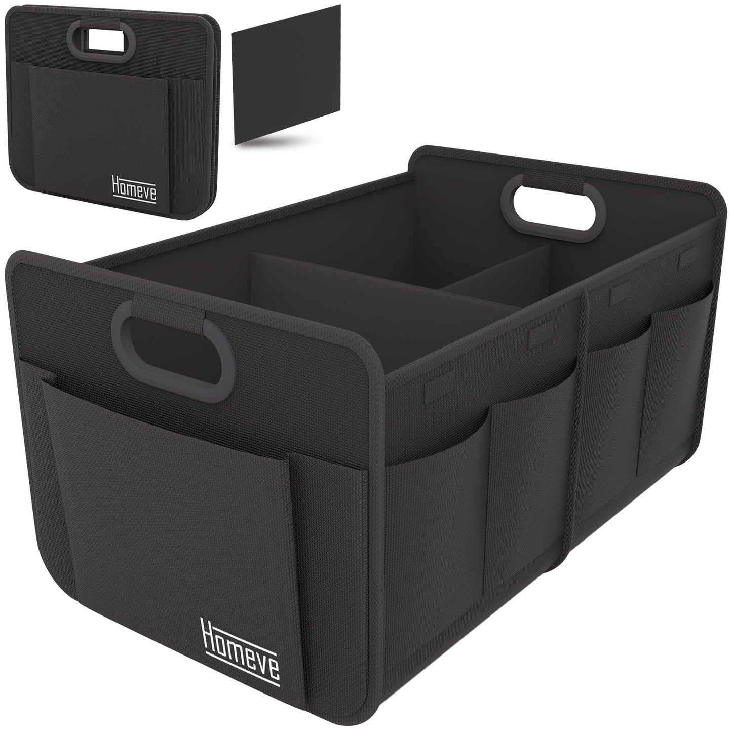 Homeve Car Trunk Organizer for SUV, 15.5Gal Large Capacity No-Sag Heavy Duty, Foldable Waterproof Anti-Slip Storage with 12 Pockets, Fit Sedan,Truck, Universal Car Accessories, Black, 2 Compart,Medium