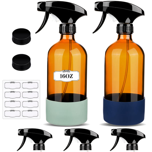 ZENOWICK 2 Pack/16 Oz Glass Spray Bottles, Refillable Empty Containers with Silicone Sleeve, Upgraded Adjustable Nozzle Spray Bottle Sets for Cleaning, Essential Oils, Hair (Amber)