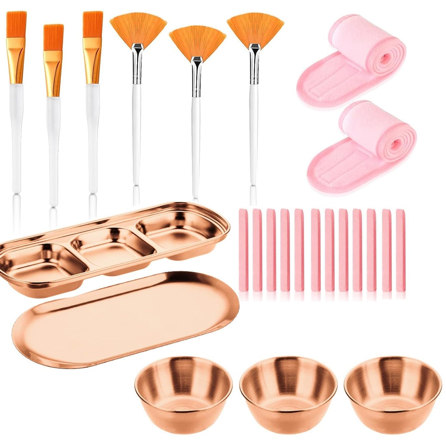25 Pcs Esthetician Facial Supplies Set Stainless Steel Gold Mixing Bowls Silicone Brush,Fan Brushes Skincare Tray Serving Tray Compressed Sponges Spa Headbands for Women Mask Spa Body Skincare