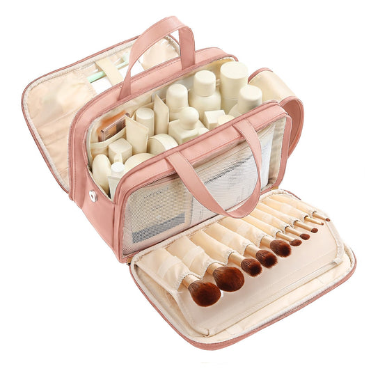 Large Travel Makeup Bag for Women with Luggage Sleeve and Reinforced Dual Handles, Featuring 10 Independent Elastic Brush Slots and 25 Pockets, Large Capacity Waterproof Cosmetic & Toiletry Organizer