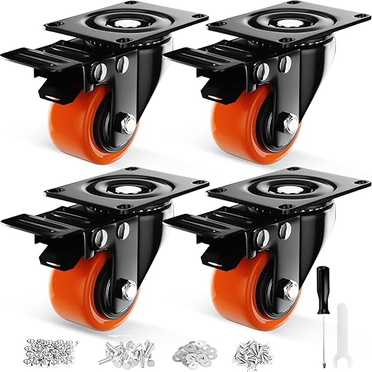 2 Inch Caster Wheels, Casters Set of 4, Heavy Duty Casters with Brake, Locking Industrial Swivel Top Plate Casters Wheels for Furniture and Workbench Cart(Two Hardware Kits Include)
