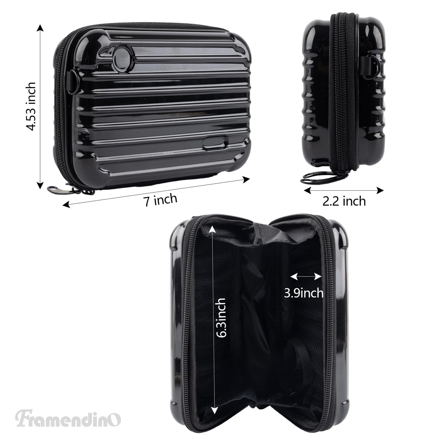 Framendino, Black Hard Shell Cosmetics Case Carrying Bag for Toiletry, Mini Cross Body Suitcase with Detachable Grip Rope and Shoulder Strap Women Travel