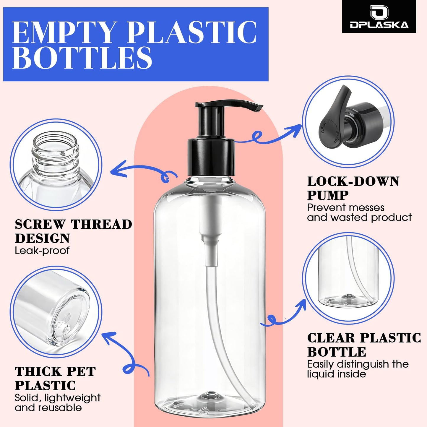 3 Packs Pump Bottle 16oz Empty Shampoo and Conditioner Bottles for Body Wash Lotion Clear Bottle Dispenser with Black Pump
