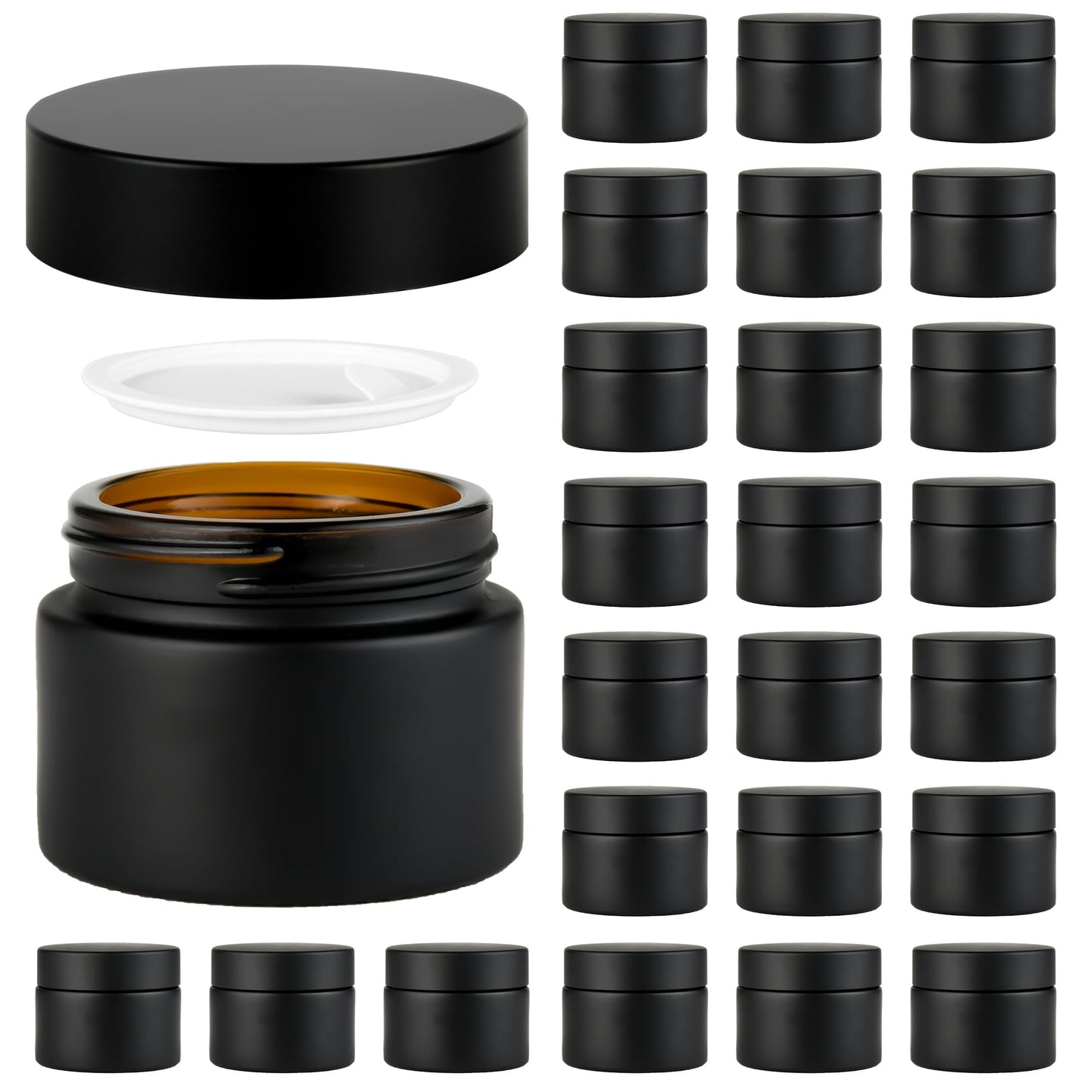 YONKAN 2 oz Reusable Black Glass Container Jars 24 Pack with Wide-mouth Leak Proof Cap and Inner Pull-On Lid for Travel Storage Makeup, Face Creams, Body Lotions, DIY Crafts or Others