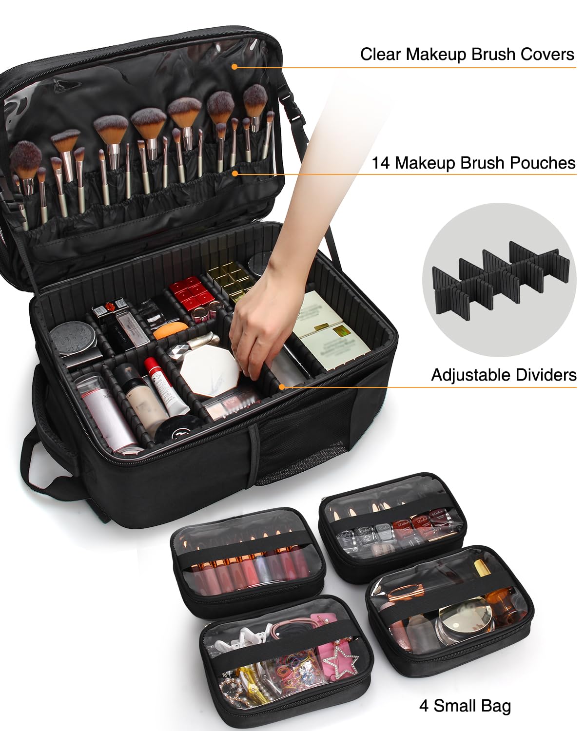 TANTO Makeup Backpack, Makeup Artist Bag Professional Cosmetic Bag with 4 Bag Extra Large Travel Train Case Double-Layer Make up Storage Organizer Cosmetic Brush Case with Adjustable Divider (Black