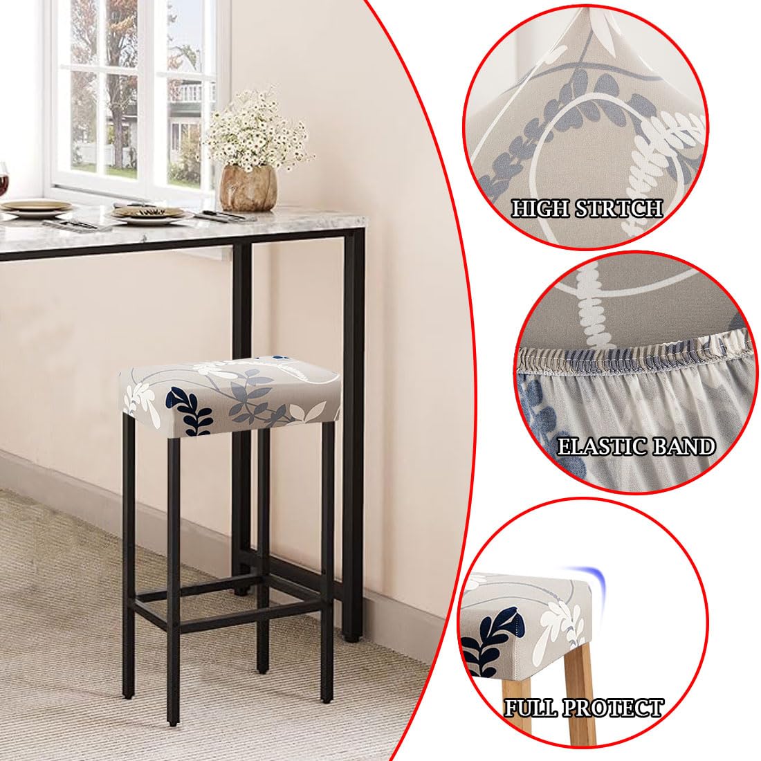 Lussenwert Stool Covers Rectangular Set of 4, Stretch Printed Vanity Stool Covers Washable Saddle Bar Stool Slipcover Bench Seat Protector with Elastic Bands Pattern of 16