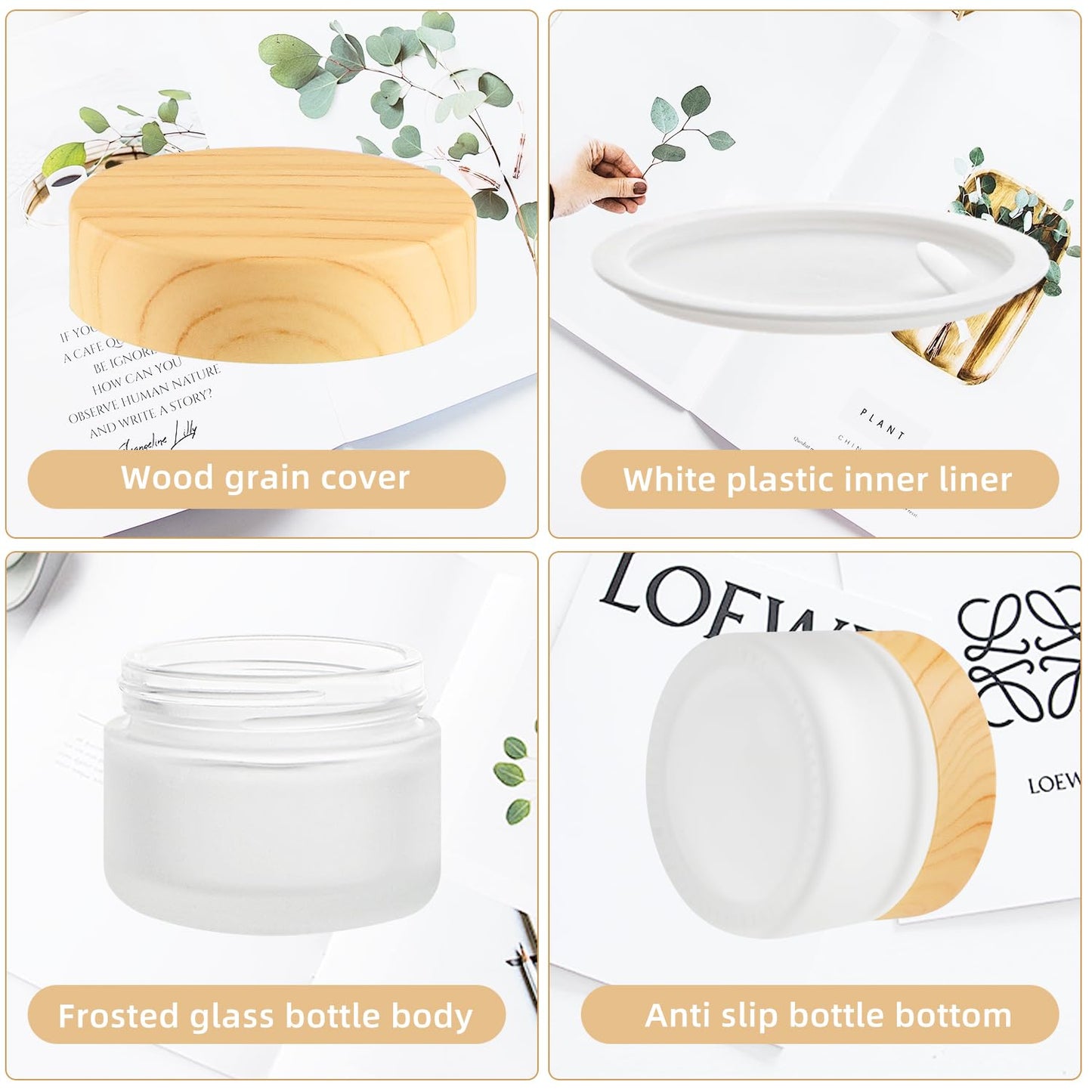 BOSMIOW 10 PCS 30g/1oz Empty Frosted Glass Cream Jars with Wooden Lid and 4 Spatula,Round Cosmetic Containers,Refillable Makeup Bottles for Lotion,Ointment,Moisturizer,Gel,Mud Mask